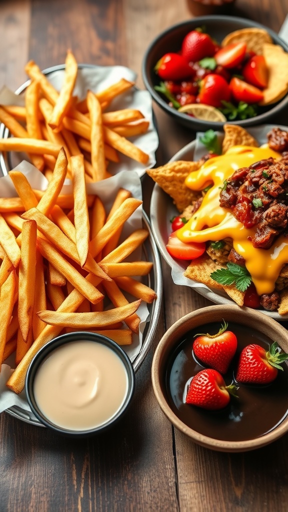 A colorful array of vegan junk food: crispy fries, cheesy nachos, and chocolate sauce with strawberries on a rustic table.